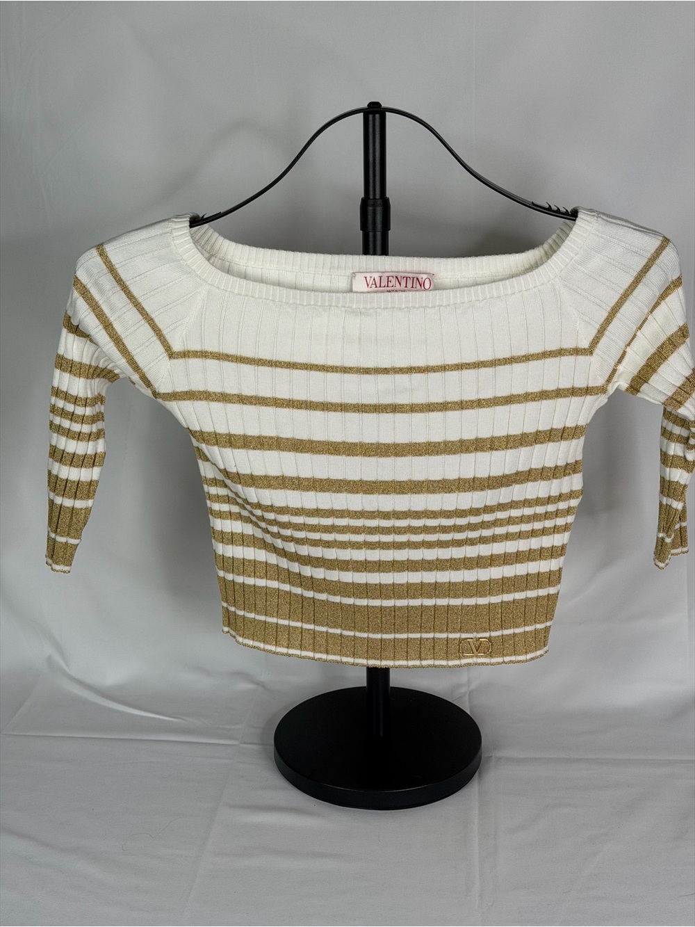 Valentino Off-the-Shoulder Ribbed Sweater in White and Gold
